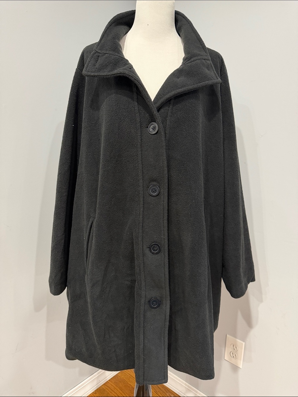 Woman Within Black Fleece Button-Front Pea Coat